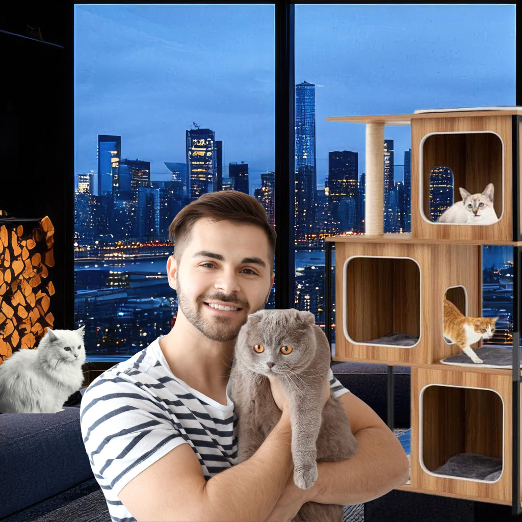 Modern Cat Tree Cat House with Metal Frame and Scratching Posts-Natural
